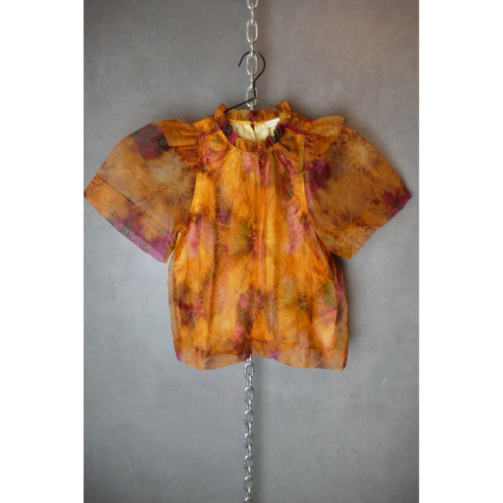 Marie Oliver Orange Abstract Floral Sheer Organza Ruffle Mock Neck Blouse XXS - Picture 2 of 10